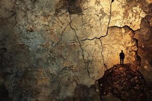 Solitary figure stands against a vast cracked earth backdrop photo