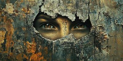 Mysterious eyes peer through a cracked and weathered concrete wall photo