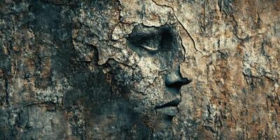 Stone face emerging from rock wall with closed eyes photo