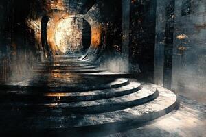 Round doorway with steps in a dark textured structure photo