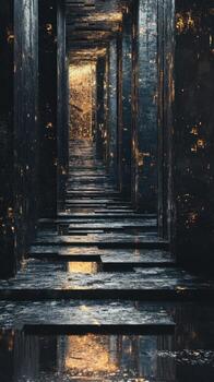 Illuminated corridor featuring fractured stone floor and dark columns photo