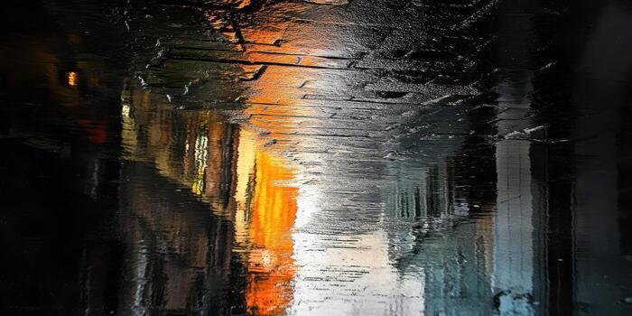 Reflections of buildings and lights in the rain on pavement photo