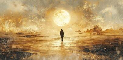 Silhouette gazes at a massive sun in a desolate landscape photo