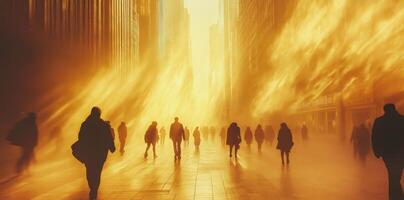 People walk through a city enveloped in a hazy atmosphere photo