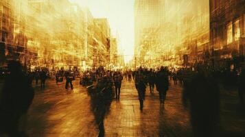 Impressionistic street scene shows crowds of people walking down avenue photo