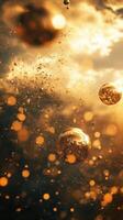 Golden spheres float amidst a backdrop of shimmering light and clouds photo