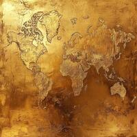 World map created with gold leaf texture is displayed photo