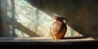 Rustic ceramic vase sits on a wooden surface bathed in light photo