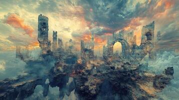 Ancient ruined castle floating amidst the clouds at sunset photo