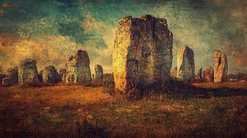 Ancient standing stones stand tall within a grassy field landscape photo