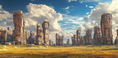 Ancient stone pillars stand sentinel on grassy plain under sky photo