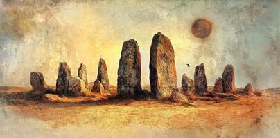 Ancient standing stones are silhouetted against a desert landscape photo