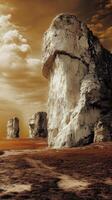 Tall rock formations stand in a desolate landscape under clouds photo