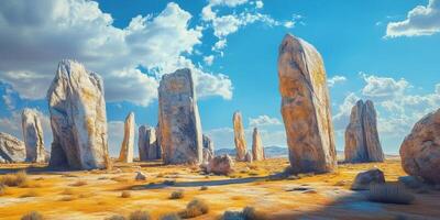 Large stone formations stand majestically in a sunlit arid landscape photo