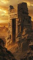 Eroded rock tower with intricate carvings stands tall in desert photo