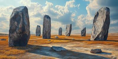 Ancient standing stones amidst a grassy field under a cloudy sky photo
