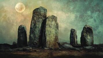 Standing stones beneath a pale moon create a somber scene photo