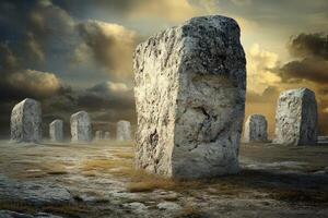Stone monuments stand tall in a desolate and moody landscape photo