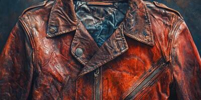 Close up view of an old weathered brown leather jacket photo