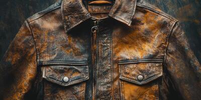 Worn and weathered leather jacket shows distressed vintage texture photo