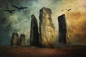Ancient stone monoliths stand sentinel under a foreboding sky photo