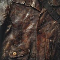 Close up of worn and textured dark brown leather jacket photo