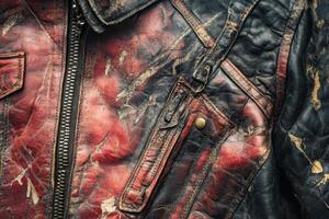 Heavily distressed leather jacket with zipper and pocket details photo