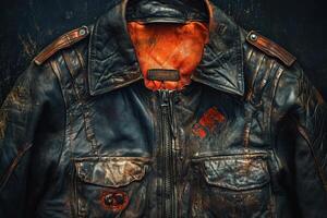 Close up shot of vintage distressed black leather jacket photo