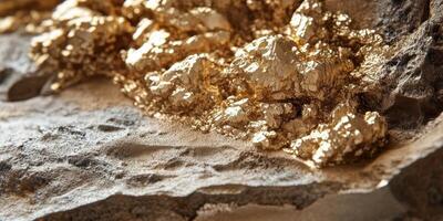 Golden nuggets nestled into the earth gleam under bright light photo