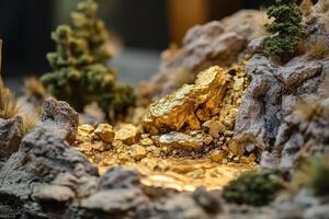 Golden nuggets are among the rocks and miniature trees photo