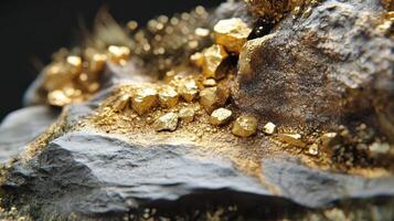 Golden nuggets and flakes scattered on a dark rock formation photo