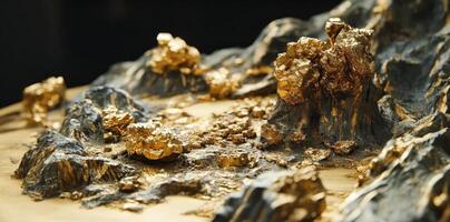 Golden nuggets scattered amidst dark rocky mountainous terrain photo