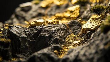 Gold deposits and nuggets embedded within dark stone formations photo