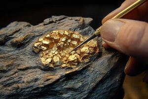 Person carefully examines a cluster of gold nuggets on rock photo