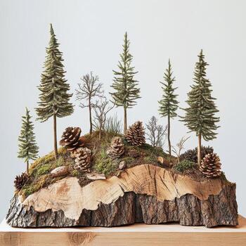 Miniature forest diorama on a cross section of tree trunk photo