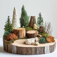 Miniature forest display featuring various trees and wood textures photo