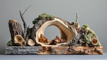 Natural wooden diorama with circular opening and moss accents photo