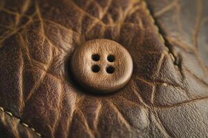 A round brown button sews on a leather garment piece photo