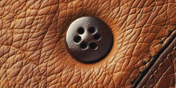 Brown leather surface with a dark button and stitching photo