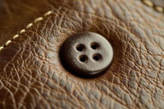 A brown button rests on textured leather with visible stitching photo
