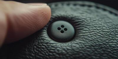 A finger presses a black button on textured leather photo