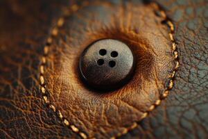 Close up of a brown leather buttoned flap detail photo
