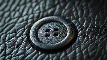 A dark button is sewn onto black textured leather photo