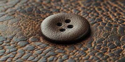 Macro view shows brown button stitched onto cracked leather surface photo