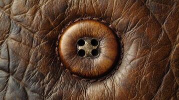 Close up image shows a button sewn onto brown leather photo