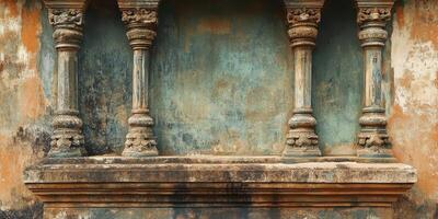Four ornamental pillars adorn a weathered wall with aged texture photo