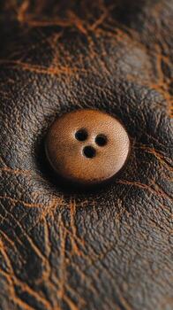 A round brown button is secured to textured leather photo