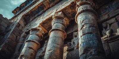 Elaborate stone columns feature intricate carvings at an ancient temple photo