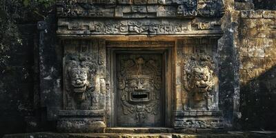 Ornate ancient temple entrance with carved stone facade stands majestically photo