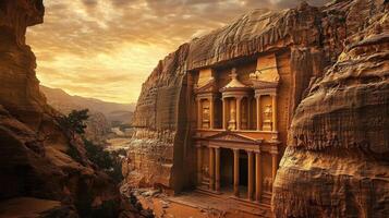 The Treasury in Petra is carved into sandstone cliffs photo